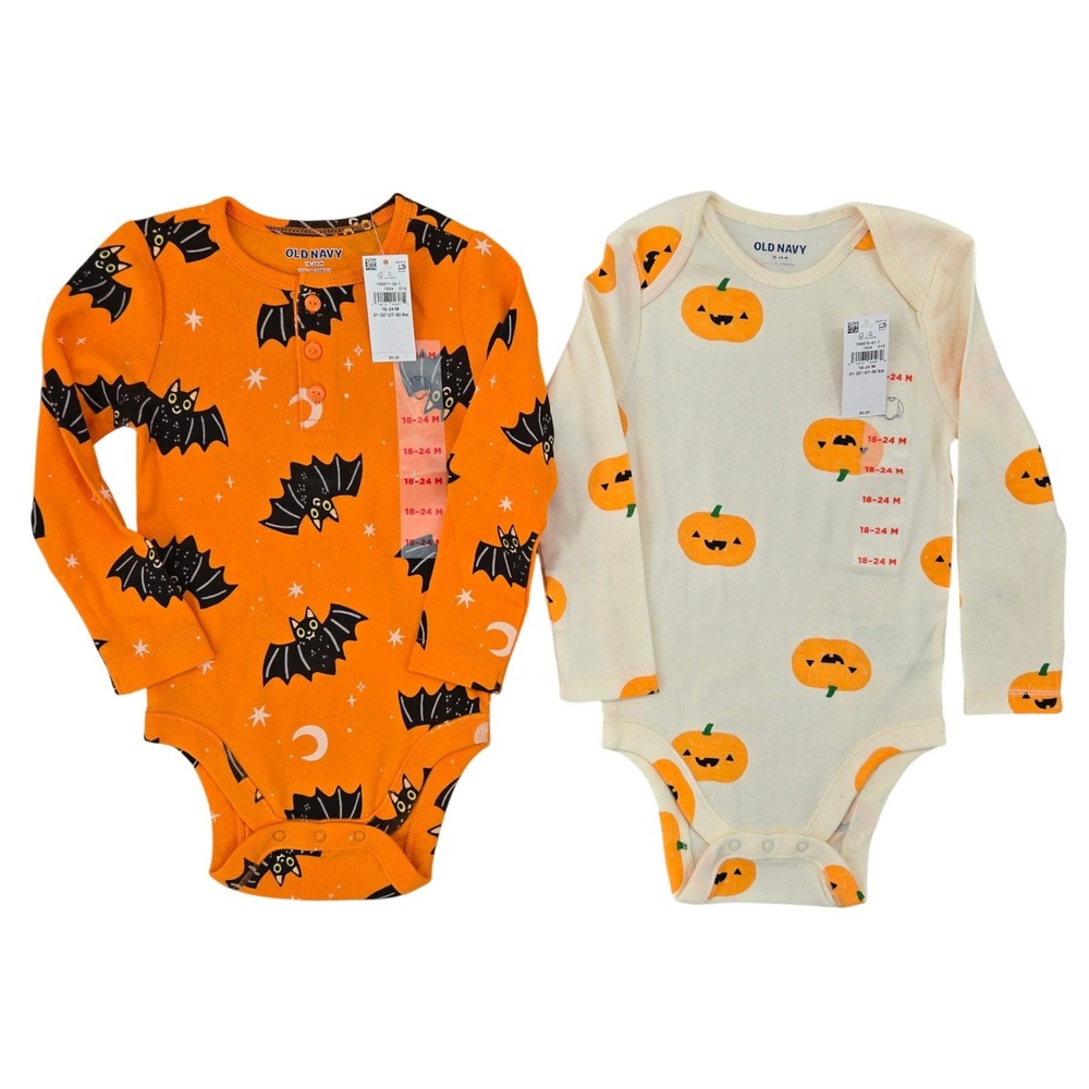Old Navy NWT 18-24M Halloween Bodysuit 2-Pack Baby Bats Pumpkins Spooky